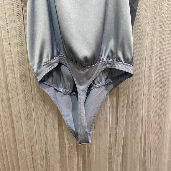 Abercrombie & Fitch Light Blue Satin Button Up Bodysuit Thong back Size Medium - Picture 8 of 16